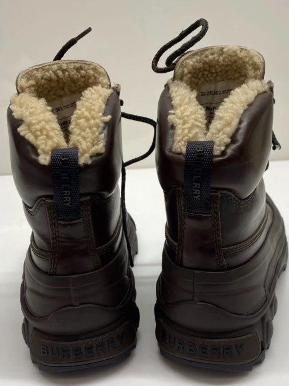 Burberry Dark Brown Leather Shearling-Trim Winter Lace-Up Boots
